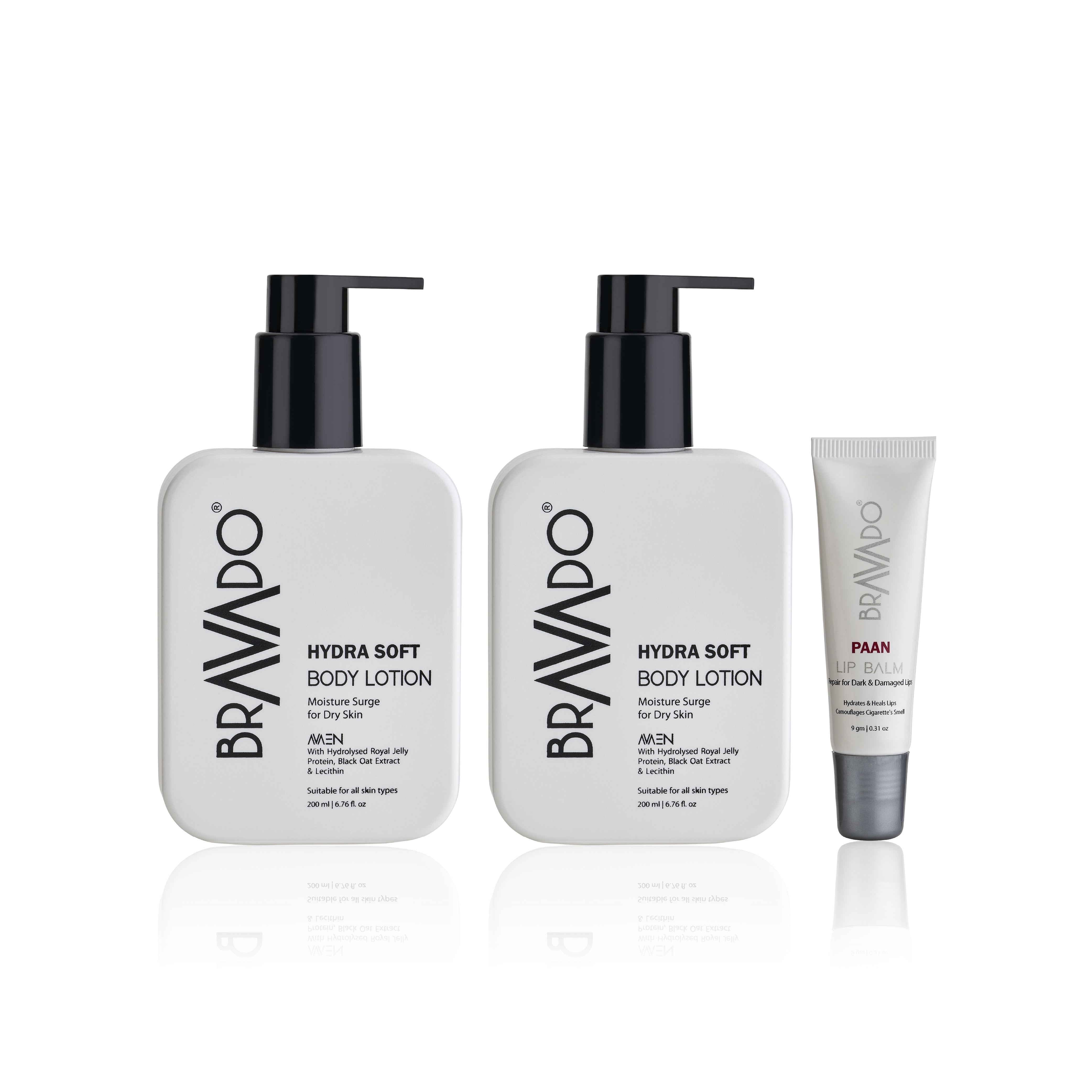 Bravado Double Hydration Kit contents — lotion and lip balm side by side